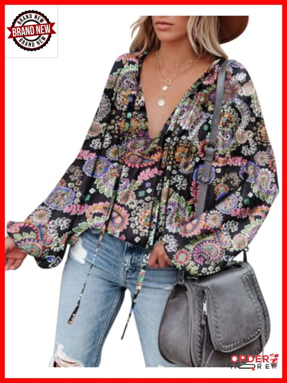 Deep V Neck Lantern Long Sleeve Chiffon Blouse Tunic with Drawstring